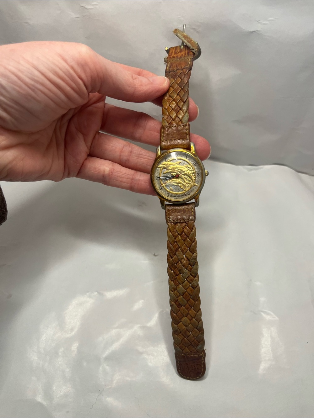 90s Save the Animals dolphin watch with braided leather strap